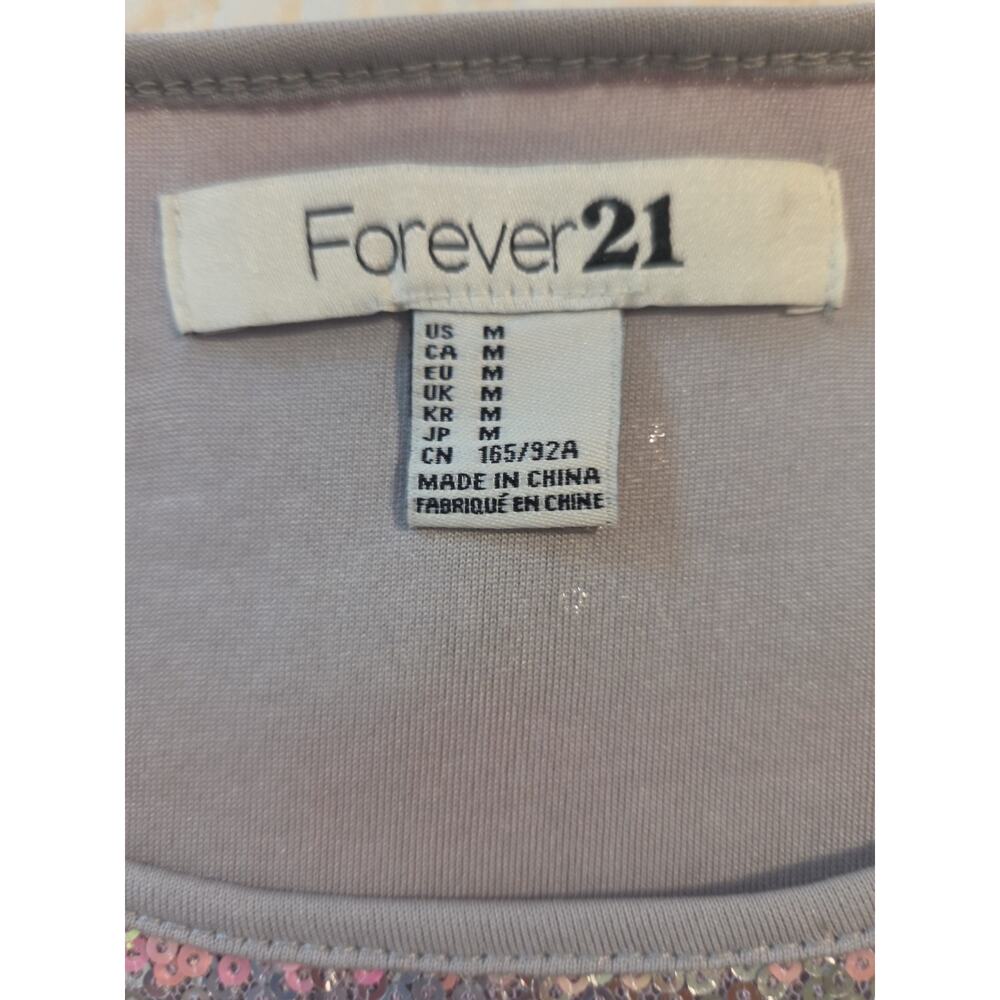 Forever 21 Shirt Blouse Womens Sz Med Striped Short Sleeve Top Gray Pink Sequins - Picture 4 of 9